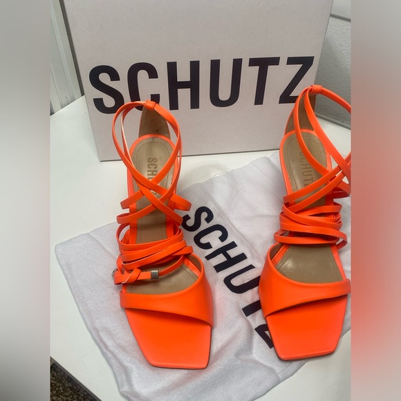 SCHUTZ Bryce Leather Strap Ankle-Wrap Sandal in Acid Orange - Picture 6 of 12